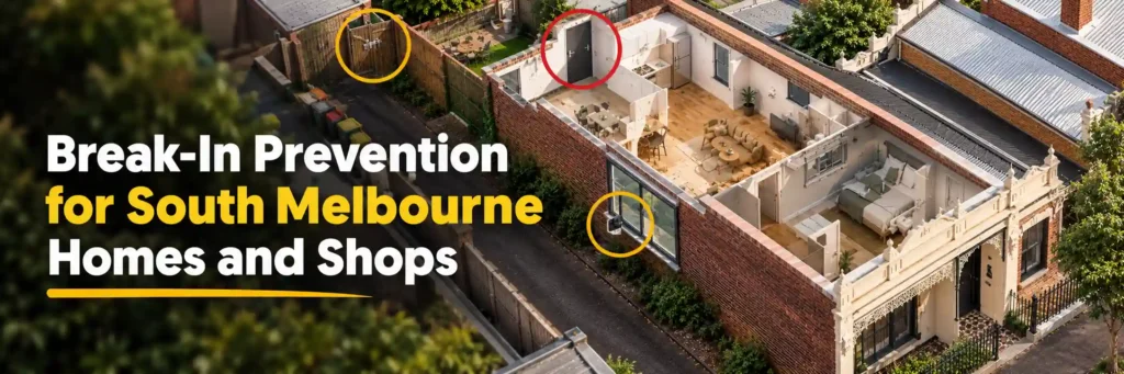 Break-in prevention for South Melbourne homes and shops showing residential doors, windows and rear access points