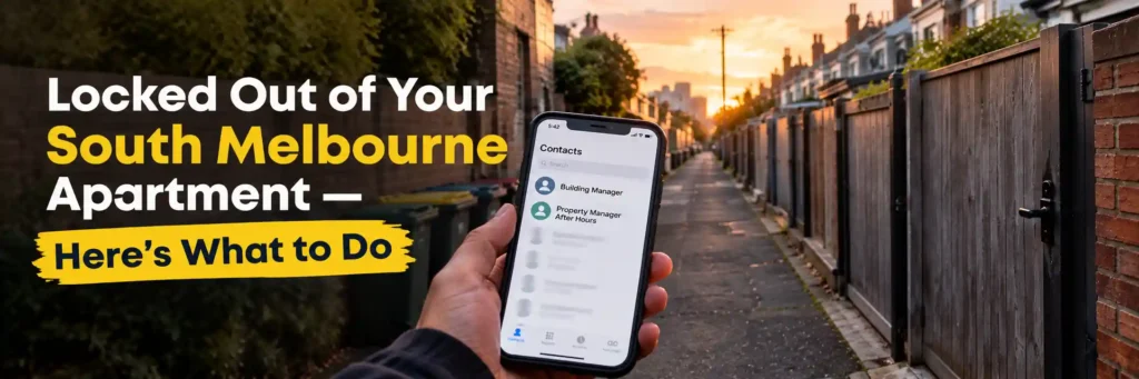 Locked out of a South Melbourne apartment with a phone showing building manager and property manager contacts
